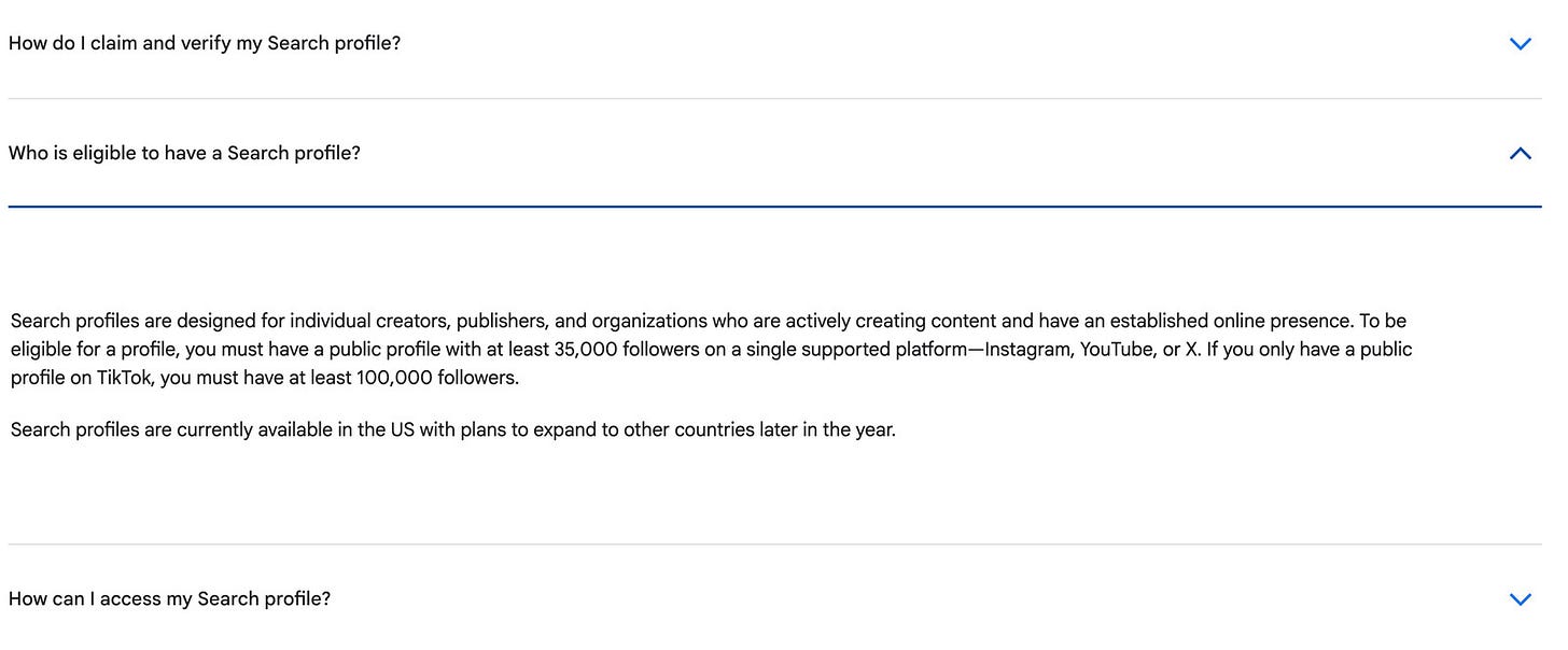 Google's eligibility answer, including the note that Search profiles are only in the US for now Google's eligibility answer, including the note that Search profiles are only in the US for now