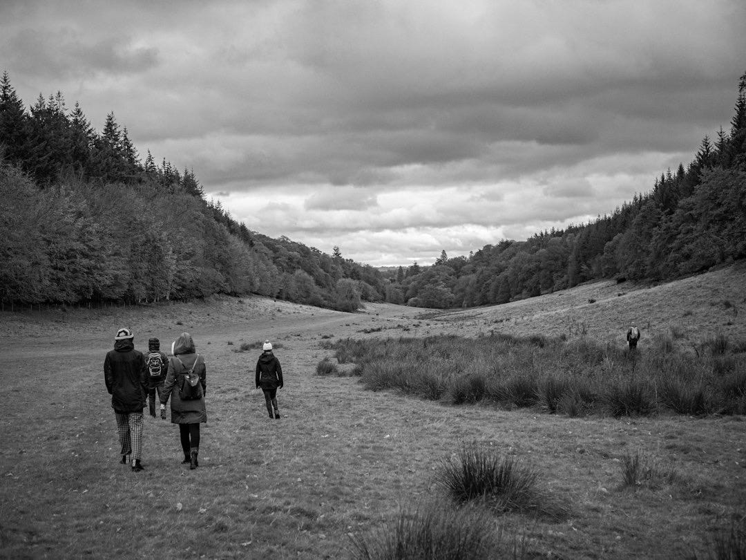 a group of people walking across a lush green field a group of people walking across a lush green field
