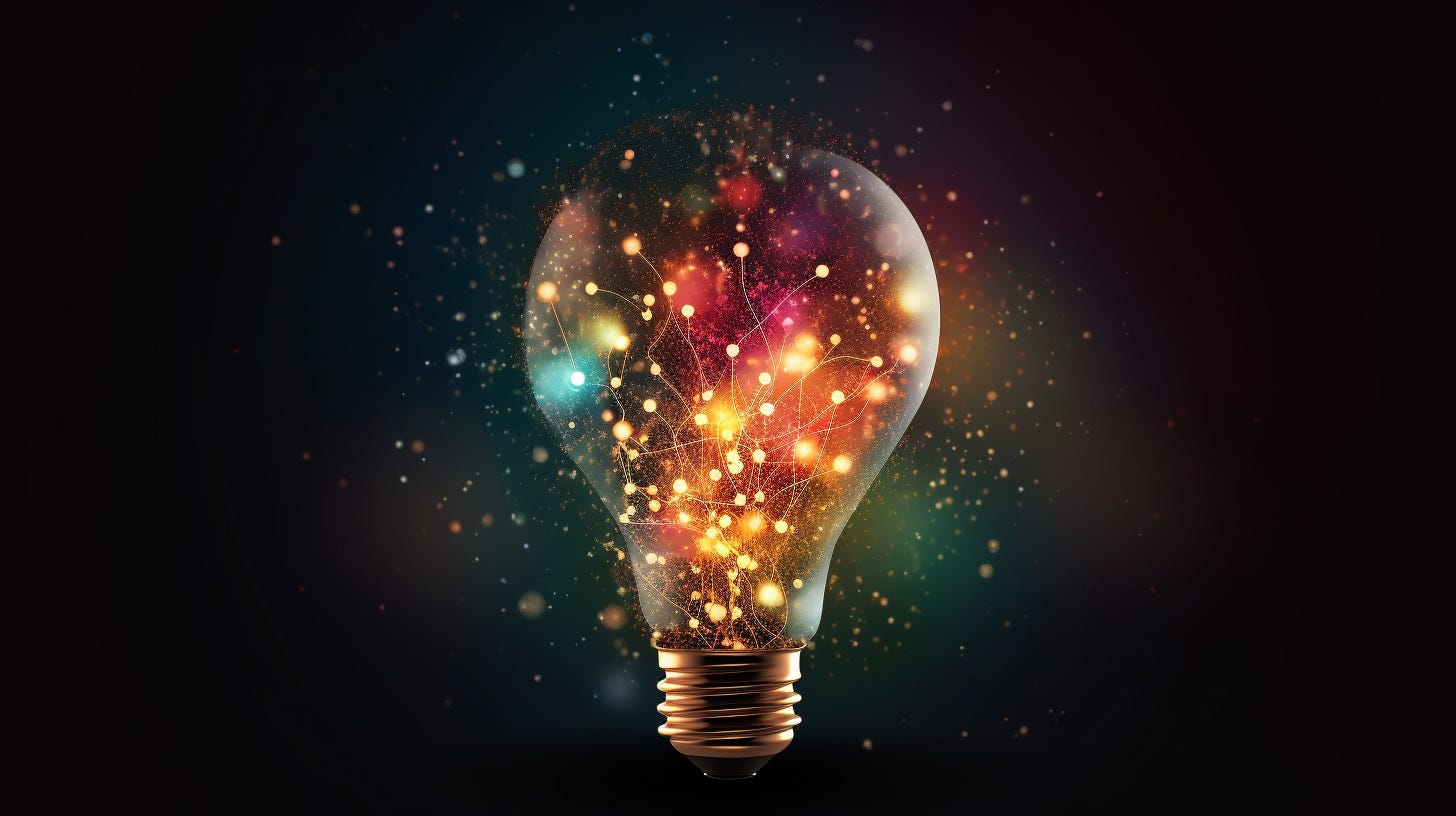 A large light bulb glowing brightly in a galaxy of stars. The filament inside the bulb is shaped like a complex network of interconnected nodes. Stars around the bulb are being drawn into it.