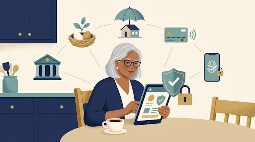 Woman looking at device surrounded by financial icons Woman looking at device surrounded by financial icons