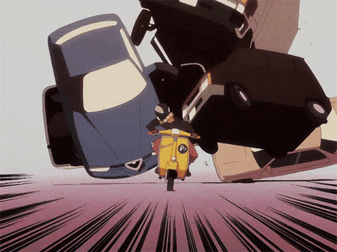 a man riding a yellow scooter with the letter p on it