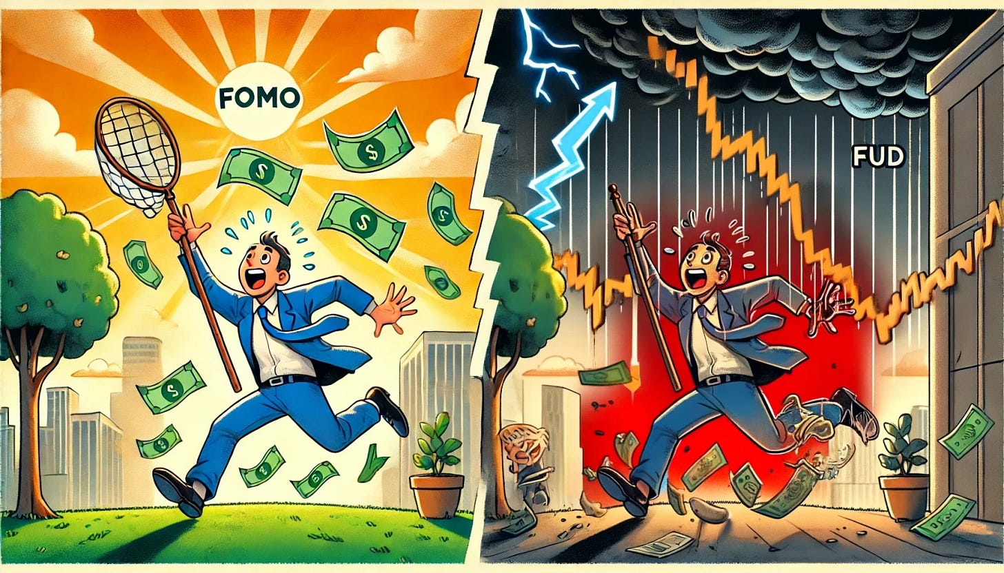 A split-screen illustration showing two contrasting investor states. On the left side, representing FOMO (Fear of Missing Out), show an investor running greedily, chasing flying dollar bills and stock certificates with a net, as stock prices soar in the background. The scene is sunny, bright, and energetic. On the right side, representing FUD (Fear, Uncertainty, Doubt), create a more intense, dark, and chaotic atmosphere. Show the same investor in a full panic, terrified, with wide eyes and sweat, running away while dropping stock certificates. Surround the investor with red arrows and charts plummeting downwards, signaling market collapse, and intense red lighting to emphasize the panic. Storm clouds, lightning, and a background of red signals and downward stock arrows should dominate the scene to give a sense of disaster and fear.