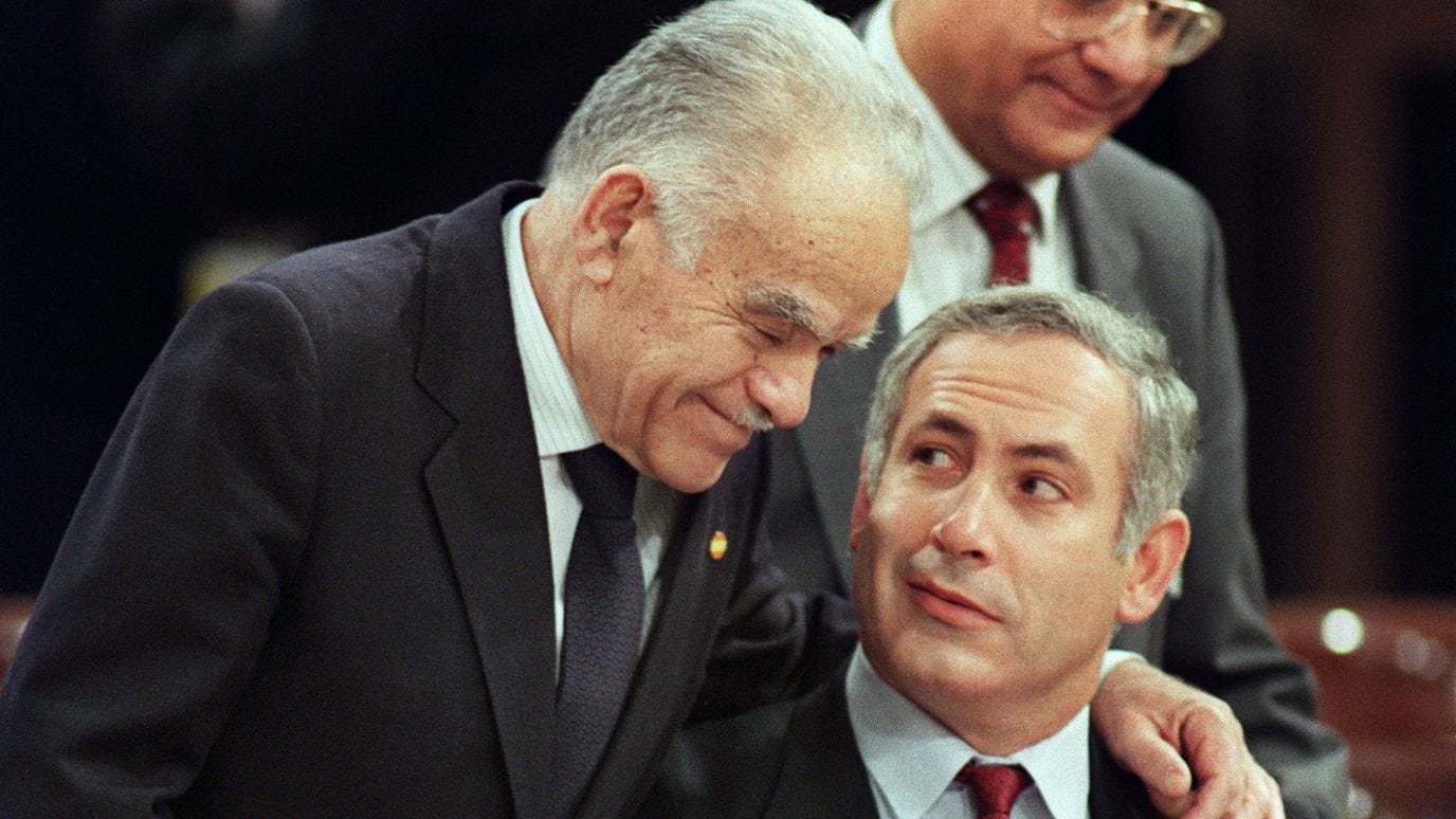 Shamir speaks with Netanyahu at a Middle East peace conference in Madrid in 1991. Shamir speaks with Netanyahu at a Middle East peace conference in Madrid in 1991.