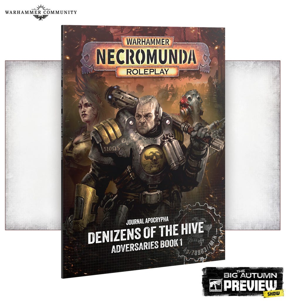 Warhammer Necromunda Roleplay cover Denizens of the Hive Adversaries Book 1 featuring a heavy armored enforcer in the foreground with dark battle figures behind Warhammer Necromunda Roleplay cover Denizens of the Hive Adversaries Book 1 featuring a heavy armored enforcer in the foreground with dark battle figures behind