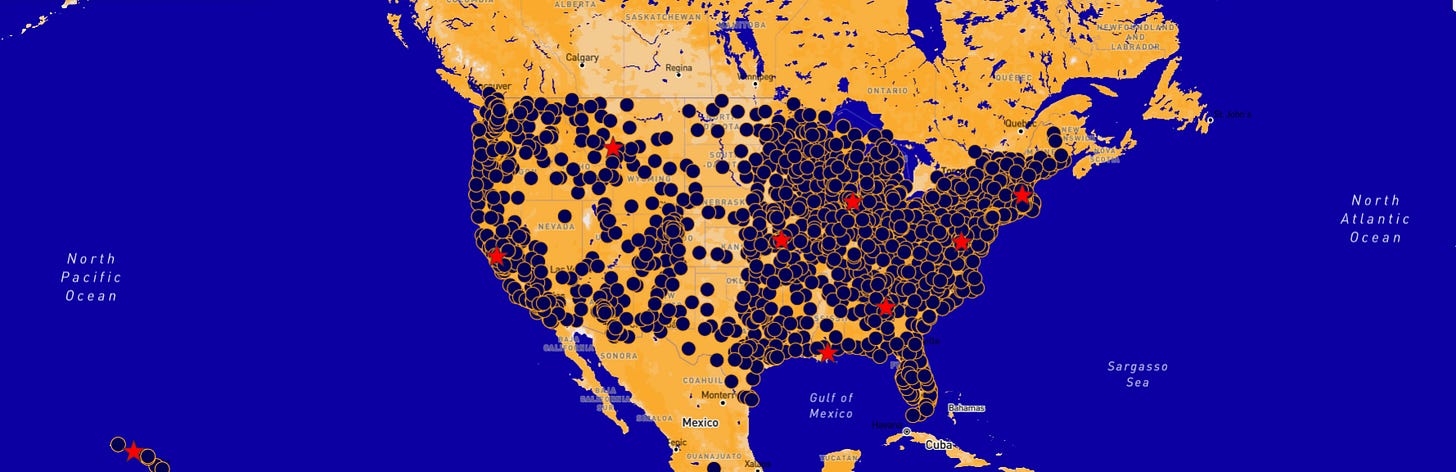 Map of the United States showing thousands of protest locations for No Kings Day, organized by the 50501 Movement. Black circles mark confirmed protest sites across all regions, with red stars highlighting major hubs in cities like Los Angeles, Atlanta, Chicago, and New York. The map uses bold blue oceans and orange land to visually emphasize nationwide participation. Map of the United States showing thousands of protest locations for No Kings Day, organized by the 50501 Movement. Black circles mark confirmed protest sites across all regions, with red stars highlighting major hubs in cities like Los Angeles, Atlanta, Chicago, and New York. The map uses bold blue oceans and orange land to visually emphasize nationwide participation.