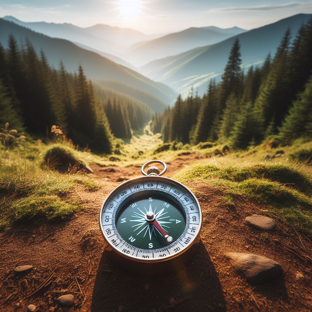 a compass sitting on a dirt walking path on a forested mountain with midday lighting, low photo angle, high detail