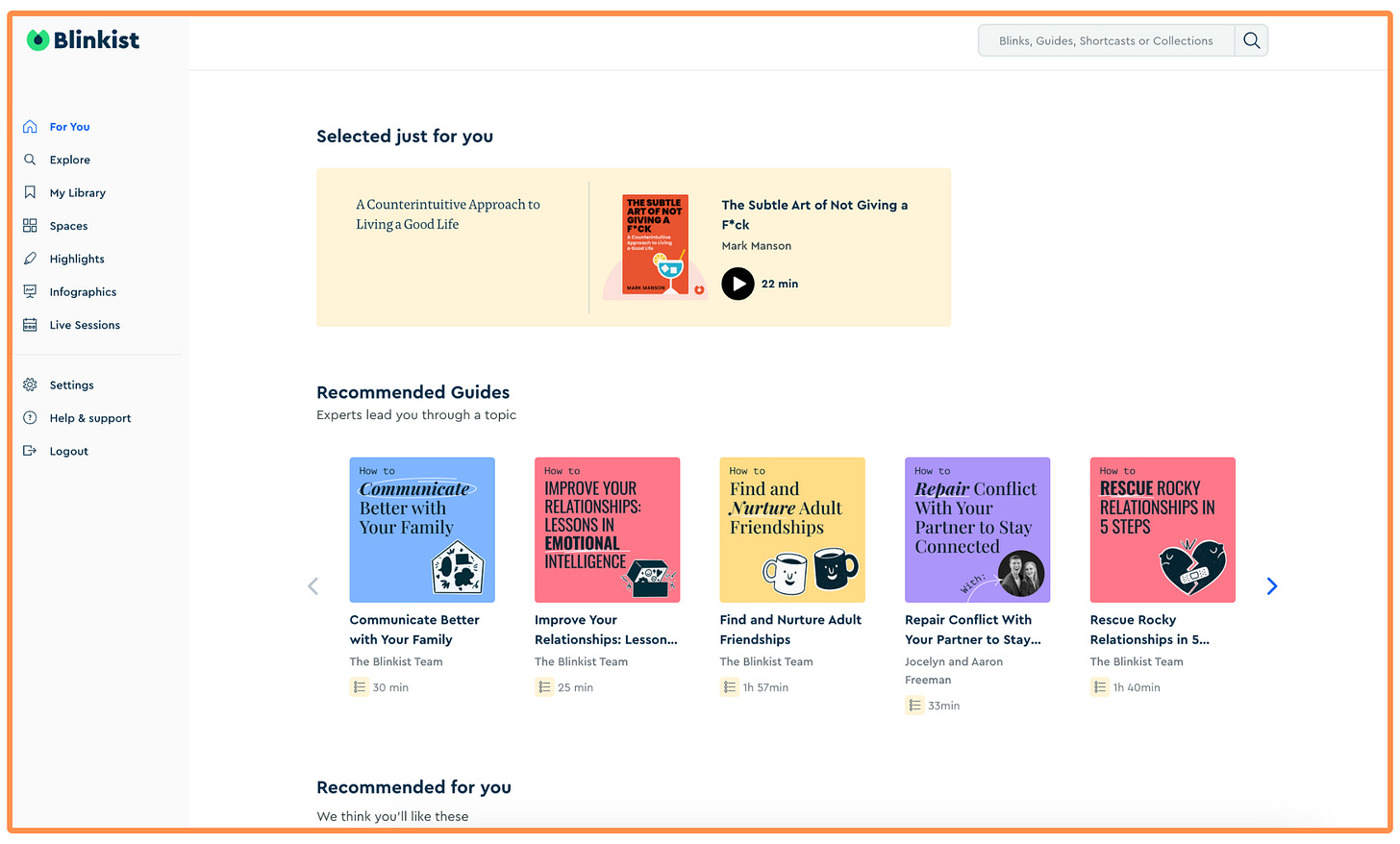 Blinkist’s desktop interface (light mode)
