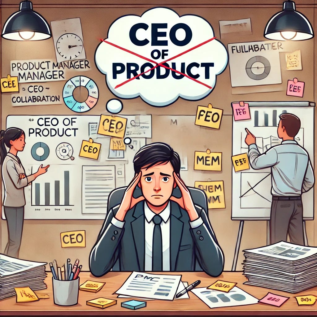A product manager sitting at a desk surrounded by sticky notes, charts, and documents, looking stressed and overwhelmed. In the background, a thought bubble above their head shows a CEO title with a crossed-out symbol over it, symbolizing the idea of 'CEO of Product' being a false notion. The setting should have a collaborative vibe, with team members talking and brainstorming around a whiteboard, showing that the PM is a facilitator and not the final decision-maker. The atmosphere should convey a shift in mindset from stress to teamwork and collaboration.