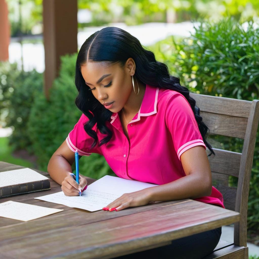Young youthful African American Woman wearing red and pink sHirt with all black hair writing a letter in the summertime writing a letter on a book at a table