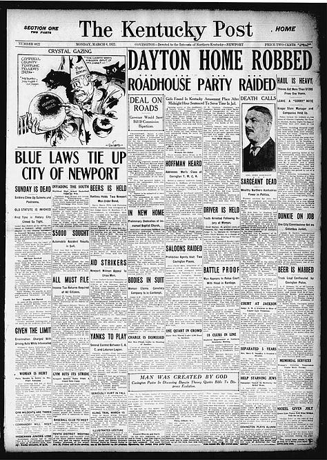old newspaper articles/posters from the prohibition era encouraging tighter Sunday Blue Law enforcement