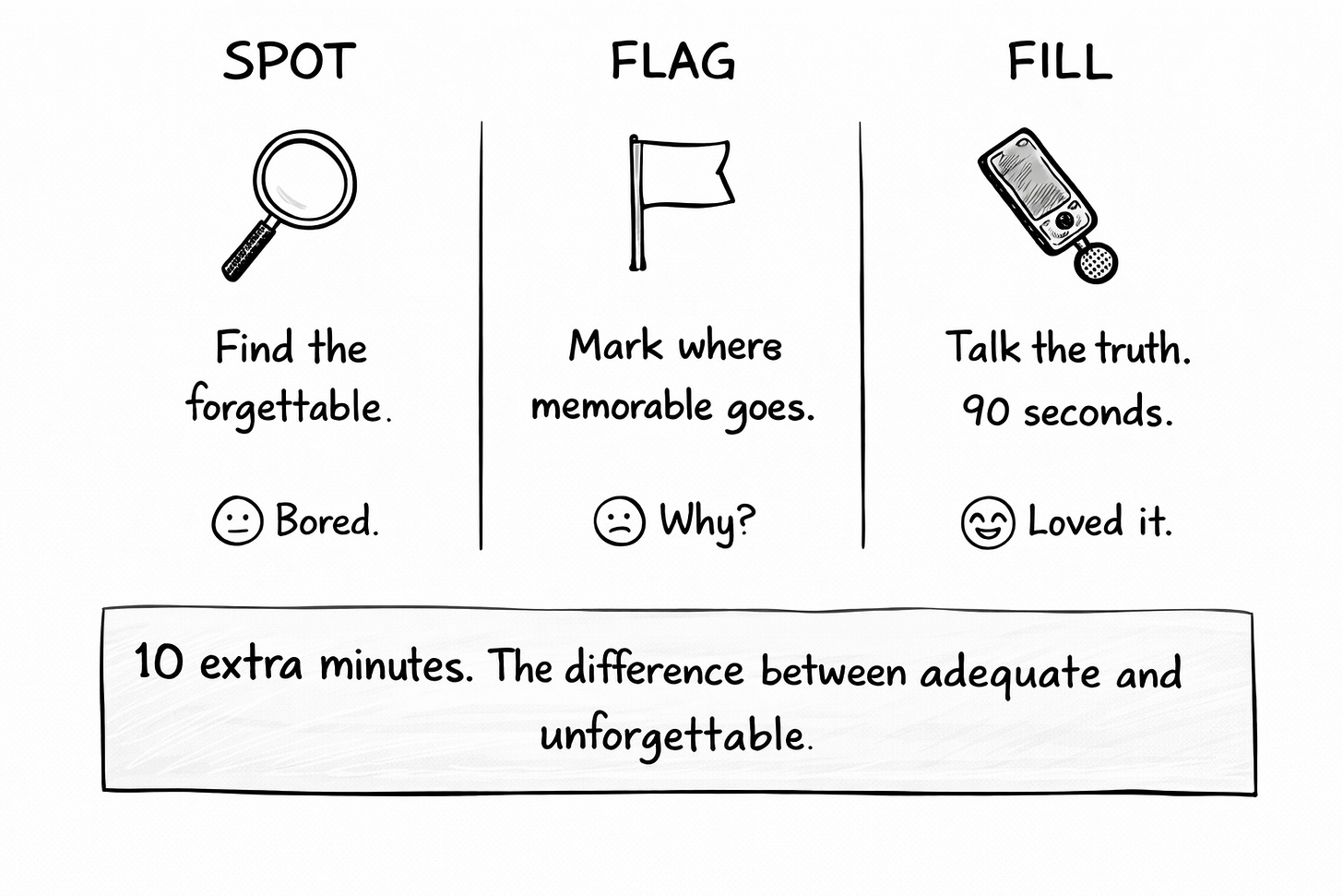 Whiteboard-style diagram with three columns labeled Spot, Flag, and Fill, illustrating an AI co-writing workflow for newsletters. Spot identifies forgettable content, Flag marks where memorable personal stories should go, and Fill uses a 90-second voice memo to add authentic human experience. The diagram emphasizes the emotional difference between generic AI writing and unforgettable personal content.