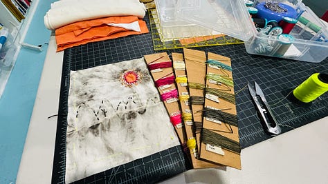 Three images of homemade walnut ink on cotton, with hand stitching.