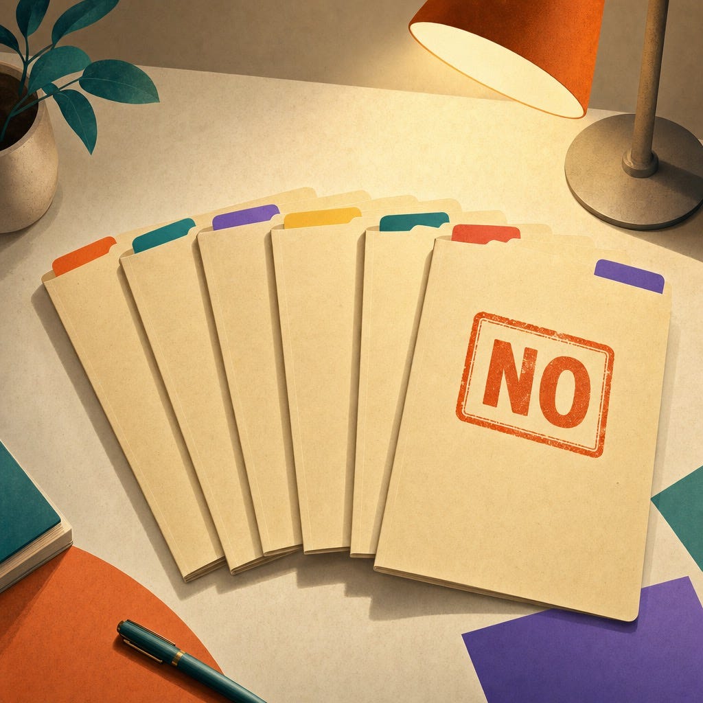 Six manila document folders fanned across a warm desk under a reading lamp, the front folder stamped NO in red ink.
