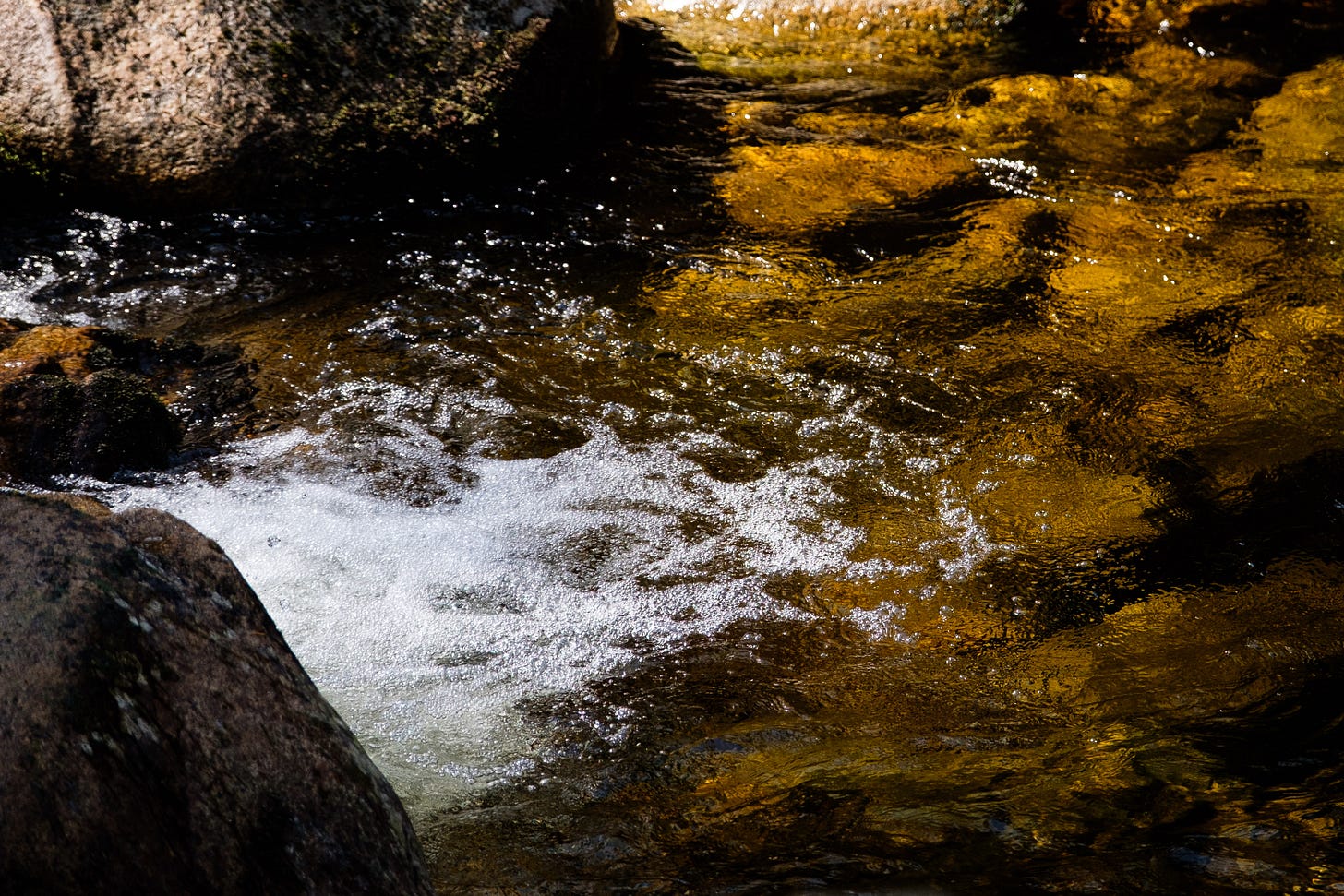 A close-up of running water with a rich, deep brown hue from the surrounding peat. Sunlight flashes across parts of the surface, creating warm, golden highlights. The water looks clear and inviting, perfect for dipping your feet.