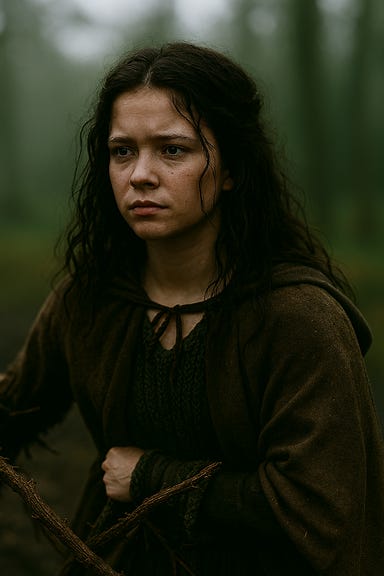 A gothic fantasy portrait of Arabelle inspired by Cailee Spaeny. She appears as a young woman with an ageless quality—somewhere between fifteen and twenty-five. Her features are delicate but sharp, with pale skin, expressive eyes, and dark wavy hair that falls around her shoulders. She wears a tattered cloak of deep forest green, fastened with a bone clasp, and a theatrical hat of disguise—velvet, dust-laced, and slightly askew. Her expression is sly and knowing, with a hint of mischief and melancholy. The background is a misty Barovian grove, with twisted trees and a faint stone slab carved with a crescent bow and moon. Light filters through the fog, casting ethereal shadows.