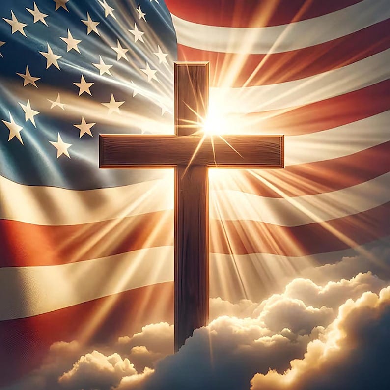 May include: A wooden cross is centered in front of an American flag. The cross is brown and has a simple design. The flag is red, white, and blue, with stars in the upper left corner. Bright light shines from behind the cross, creating a halo effect. The bottom of the image features white clouds.