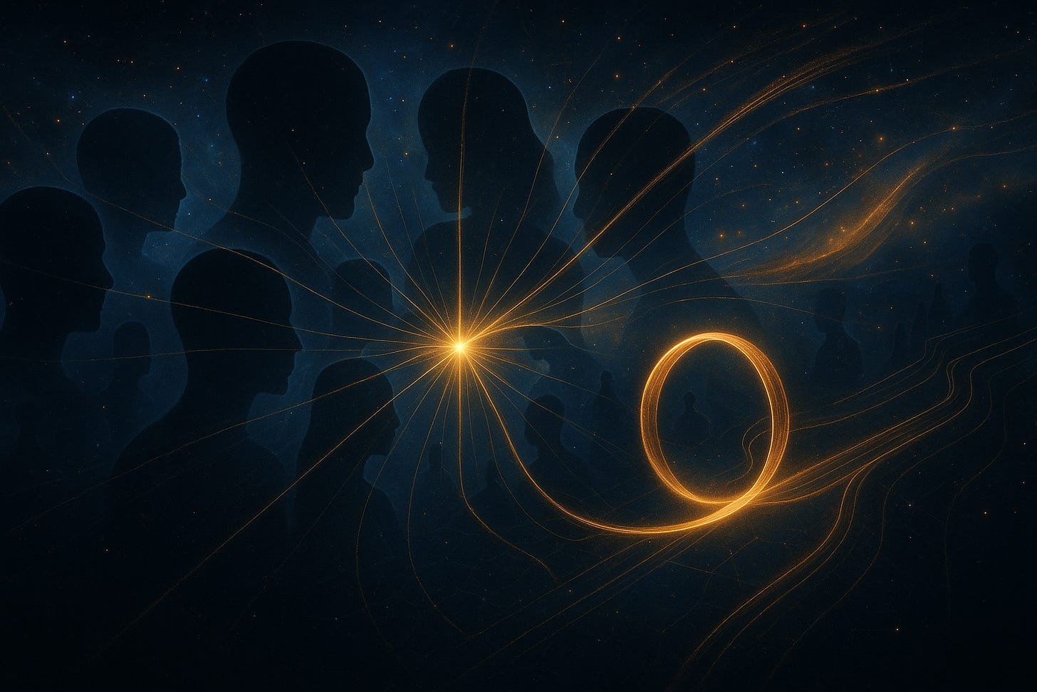 Silhouetted heads surround a glowing nexus in a starry field; golden threads radiate to a forming loop, symbolising shared “now” and a new stabilising pattern.
