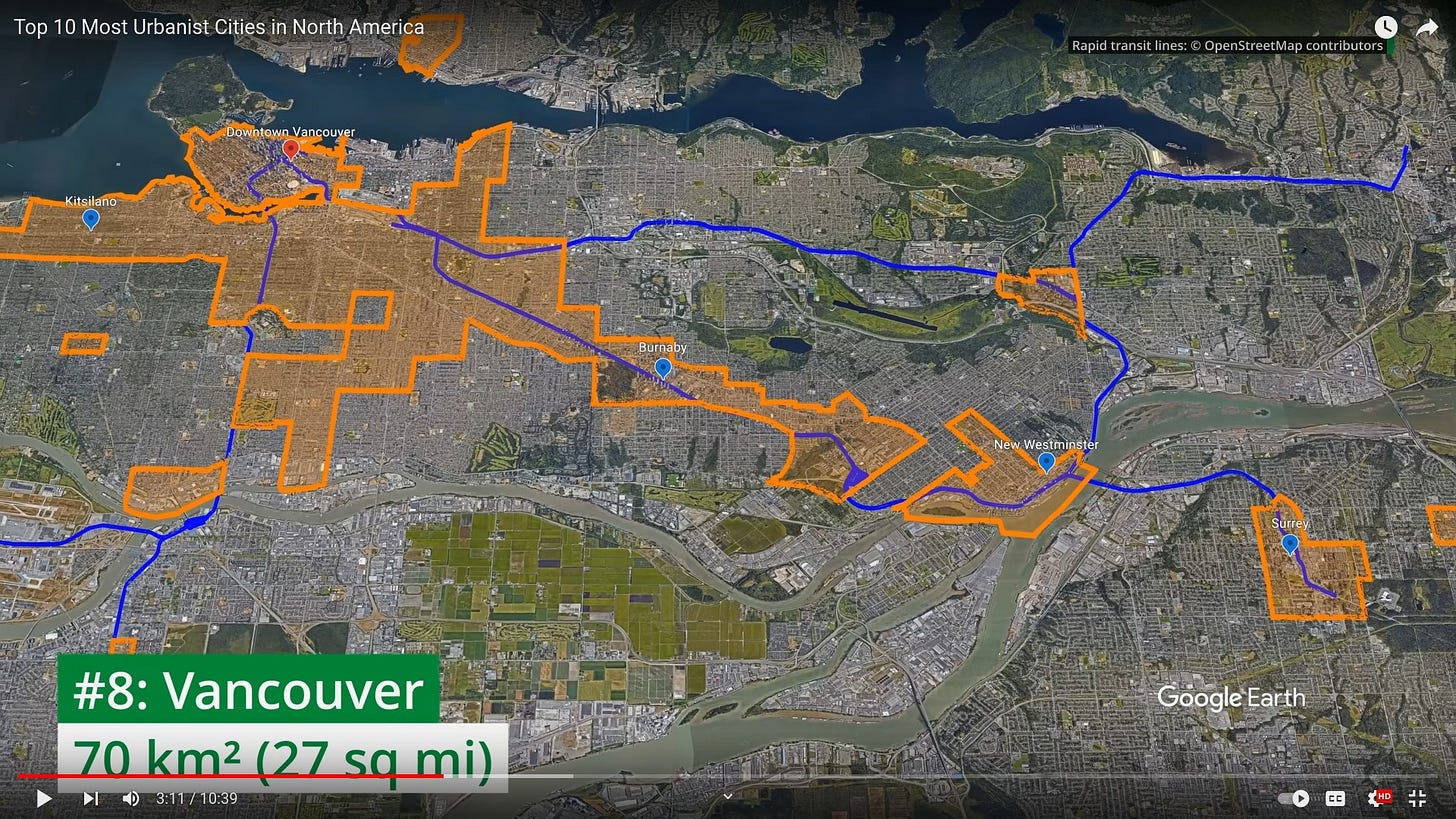 May be an image of ‎map and ‎text that says '‎Top10M.c s North 10 Most Urban Rapi trib ن #8: Vancouver 70 km2 (27 sami) 3:11/10:39 Google Earth‎'‎‎