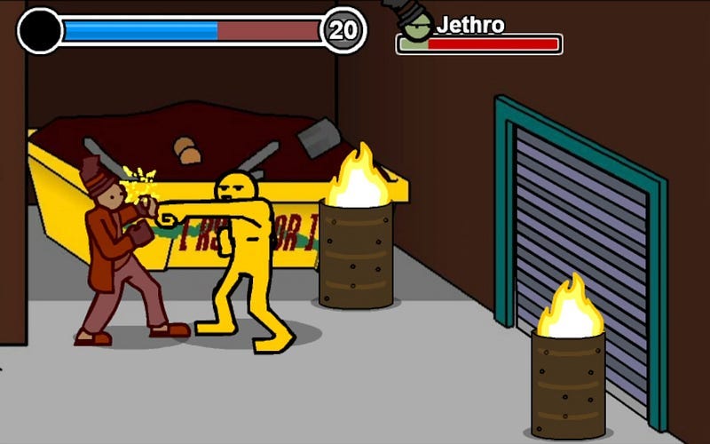 A gameplay still from Crunchdown depicting a boss fight in an alley.