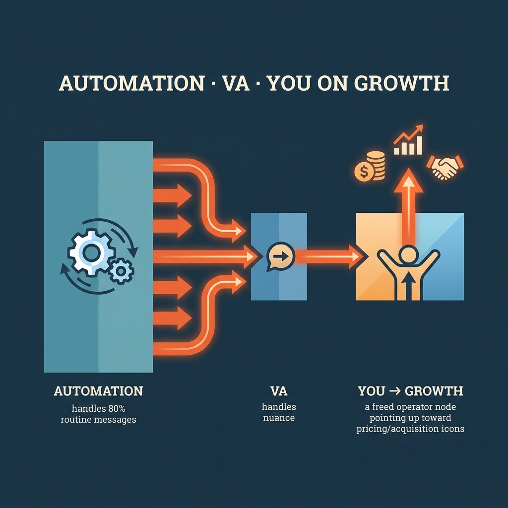 The system that scales — a three-layer pipeline: automation handles volume, a VA handles nuance, the operator is freed for growth.