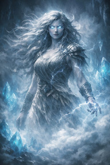 Vision of Gira, daughter of the storm giant Burebis, appearing as a luminous storm‑touched giantess with wind‑tangled hair, eyes like lightning over water, standing in swirling mist and cerulean crystal light Vision of Gira, daughter of the storm giant Burebis, appearing as a luminous storm‑touched giantess with wind‑tangled hair, eyes like lightning over water, standing in swirling mist and cerulean crystal light