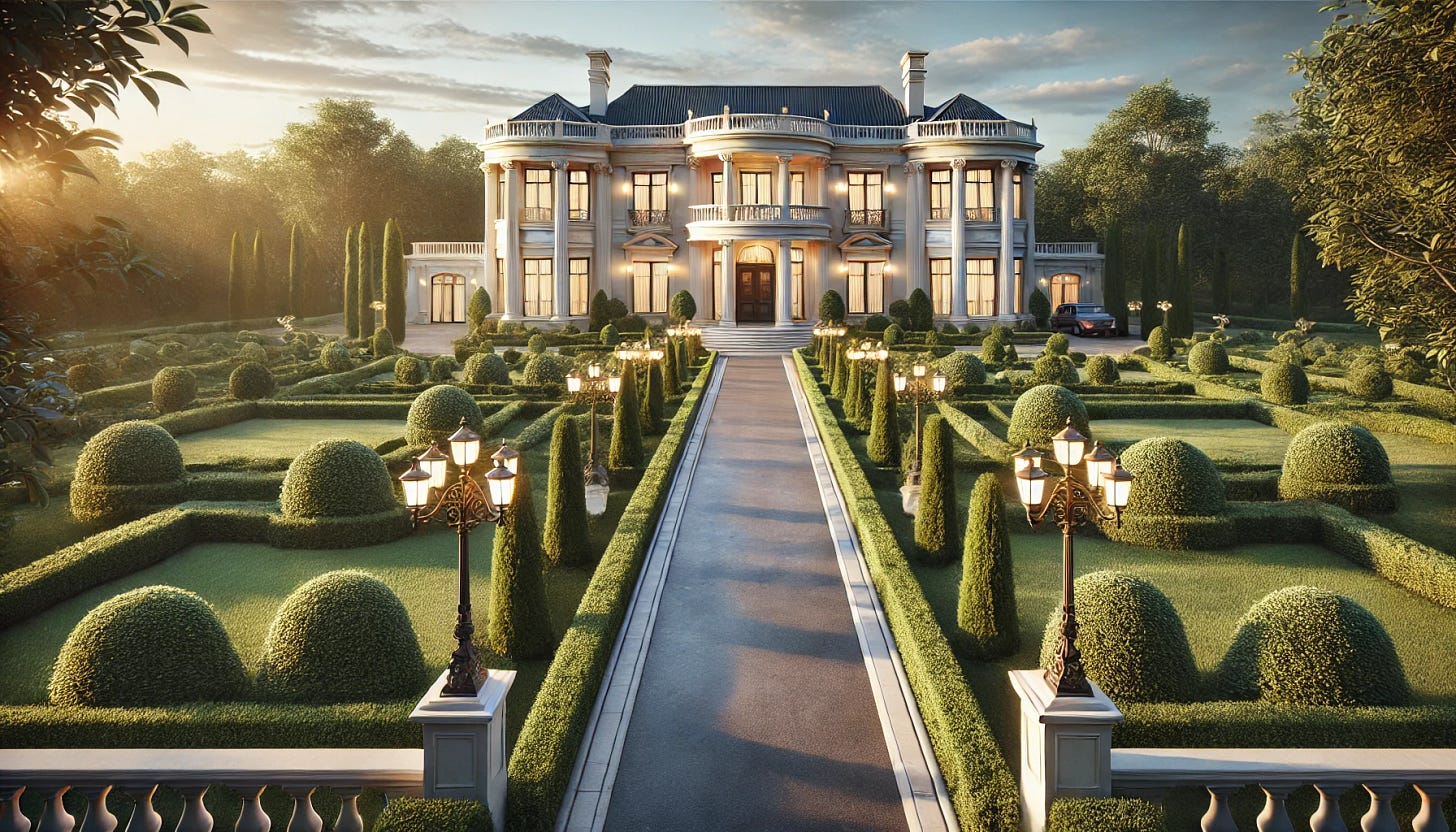 A photorealistic depiction of a stately mansion surrounded by lush, meticulously landscaped gardens, featuring a grand, sweeping driveway leading up to the entrance. The mansion is designed in a classical architectural style with tall white columns, expansive windows, and a grand double-door entrance. The driveway is bordered by perfectly trimmed hedges and illuminated by ornate vintage-style lampposts. The setting is during golden hour, with warm sunlight bathing the scene, casting soft shadows and highlighting the intricate details of the mansion and its surroundings. A photorealistic depiction of a stately mansion surrounded by lush, meticulously landscaped gardens, featuring a grand, sweeping driveway leading up to the entrance. The mansion is designed in a classical architectural style with tall white columns, expansive windows, and a grand double-door entrance. The driveway is bordered by perfectly trimmed hedges and illuminated by ornate vintage-style lampposts. The setting is during golden hour, with warm sunlight bathing the scene, casting soft shadows and highlighting the intricate details of the mansion and its surroundings.