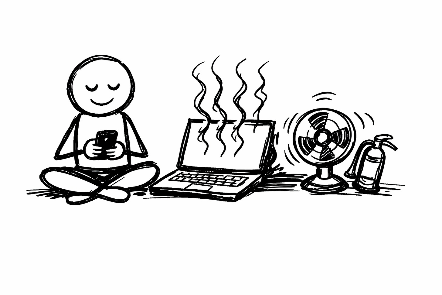 Hand-drawn whiteboard sketch in black marker on white background showing a calm stick figure sitting cross-legged holding a smartphone while an overheating laptop beside them emits wavy heat lines. A small fan icon spins frantically and a tiny fire extinguisher leans against the laptop. Rough messy Sharpie style illustrating a failing computer and a phone-first AI content workflow workaround.