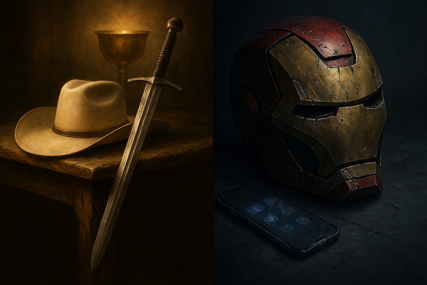 On the left side, a white hat, a sword, and a glowing chalice. On the right side, a battered Iron Man style mask and a broken mobile phone.