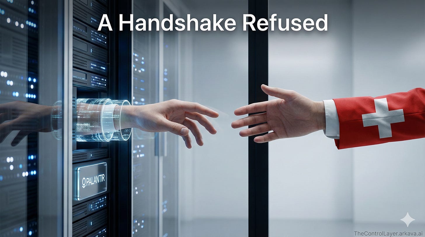 Two hands reaching towards each other but not connecting, one from a server rack, one from a Swiss flag