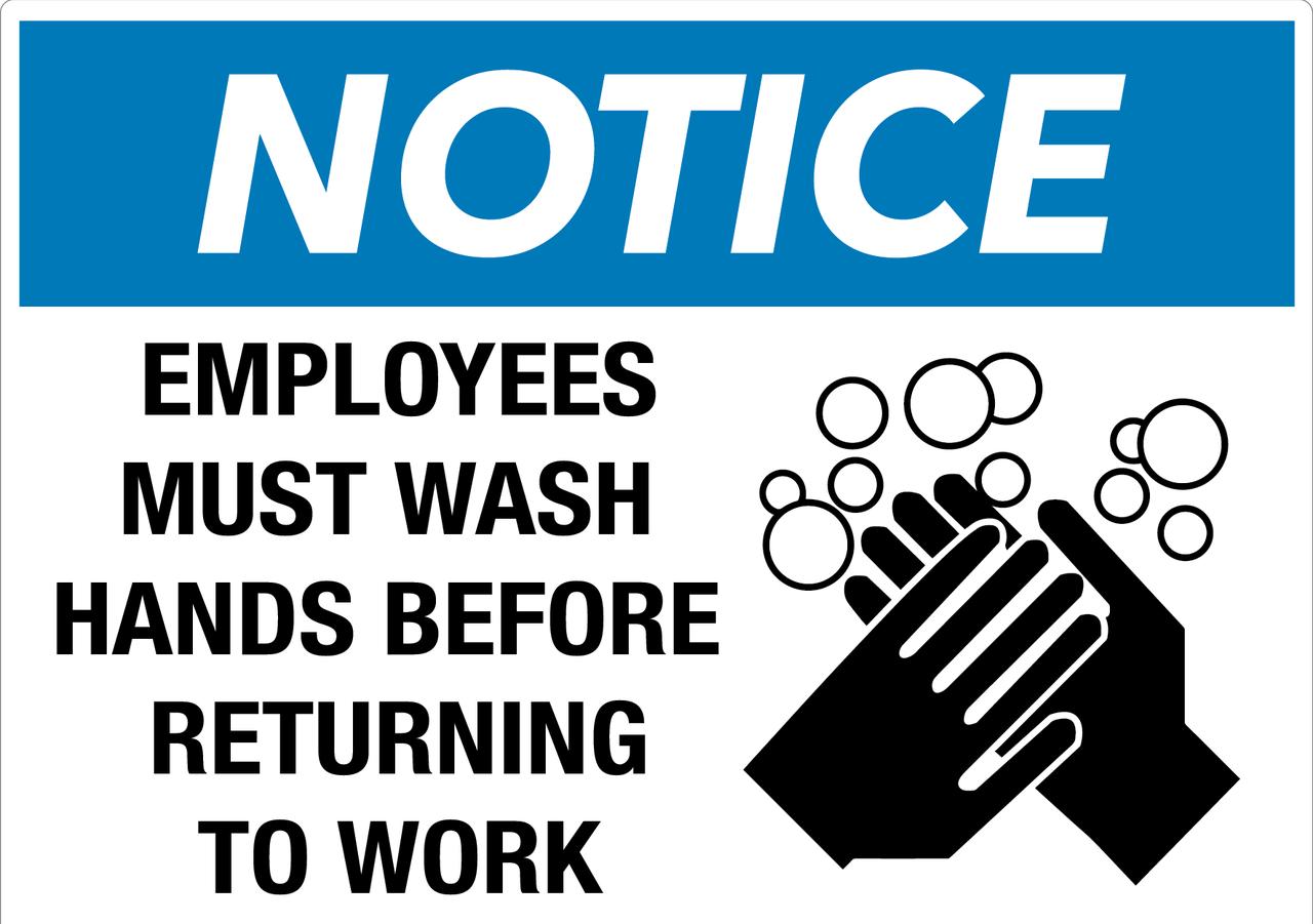 A sign reading "Notice: Employees must wash hands before returning to work." There are two hands with soap on them.
