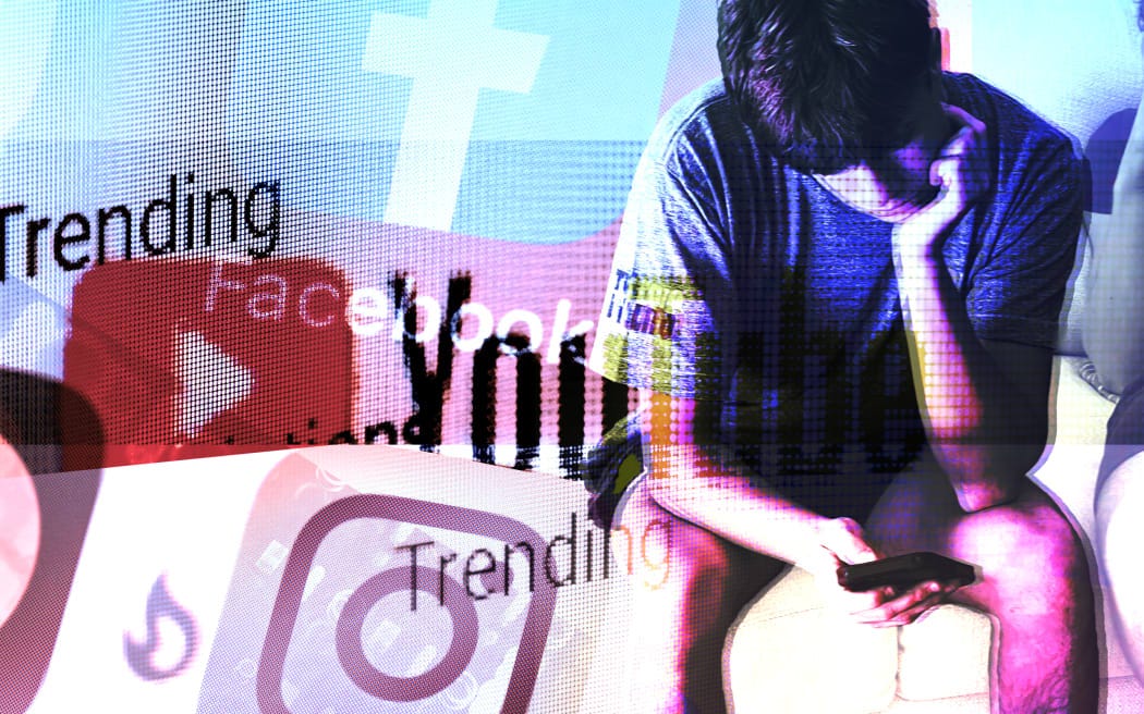 Composite of social media apps and teenager with phone Composite of social media apps and teenager with phone