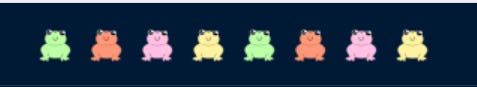 A row of eight frogs in alternating pastel colors