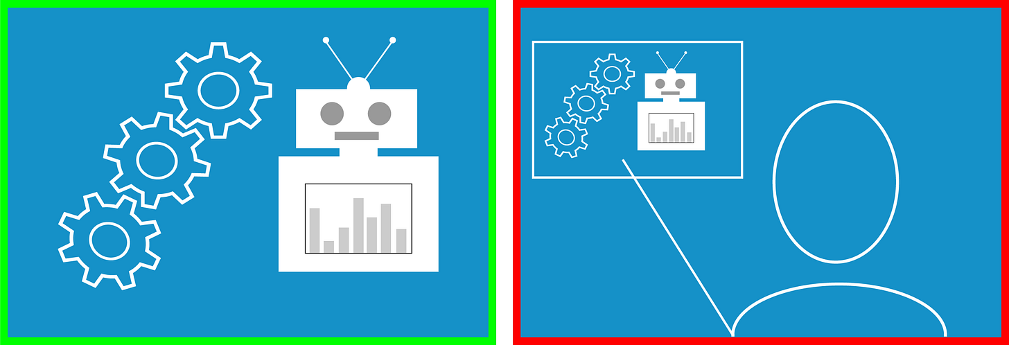 Illustration of the image principle. A diagram on the left shows three gears turning a robot with a bar chart on its screen. The right panel shows a person's head with a thought bubble containing a smaller version of the same diagram, suggesting the diagram is a visual aid for a person's thoughts.