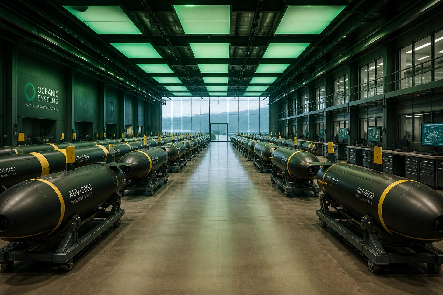 Rows of autonomous underwater vehicles on a manufacturing floor illustrating defense tech scaling.