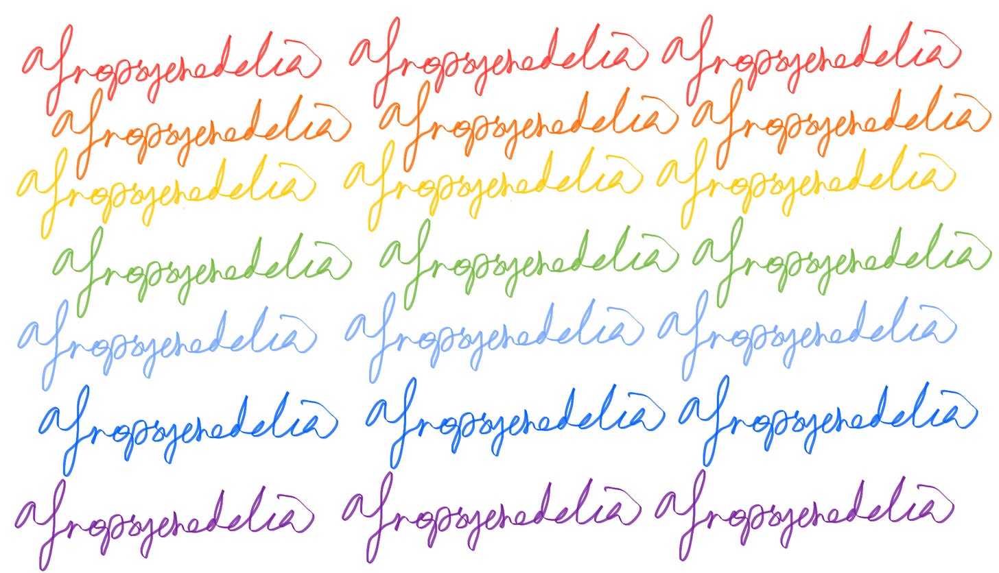 a digital drawing of the word afropsychedelia written in cursive and rainbow colors