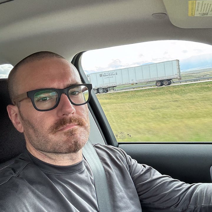 Selfie of author driving somewhere and a GIF of author dancing to Megan THEE Stallion