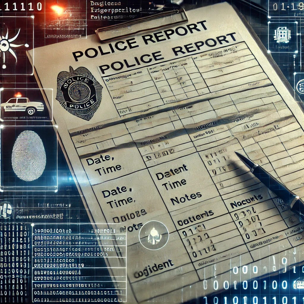 A detailed image of a police report with digital elements. The report is on a standard form with fields for date, time, incident details, and officer's notes. In the background, there are digital overlays such as binary code, digital fingerprint scans, and icons representing cybersecurity threats like malware and hacking. The report appears to be integrated with a digital interface, showing a blend of traditional police work and modern digital forensics. The overall tone is professional and high-tech. A detailed image of a police report with digital elements. The report is on a standard form with fields for date, time, incident details, and officer's notes. In the background, there are digital overlays such as binary code, digital fingerprint scans, and icons representing cybersecurity threats like malware and hacking. The report appears to be integrated with a digital interface, showing a blend of traditional police work and modern digital forensics. The overall tone is professional and high-tech.