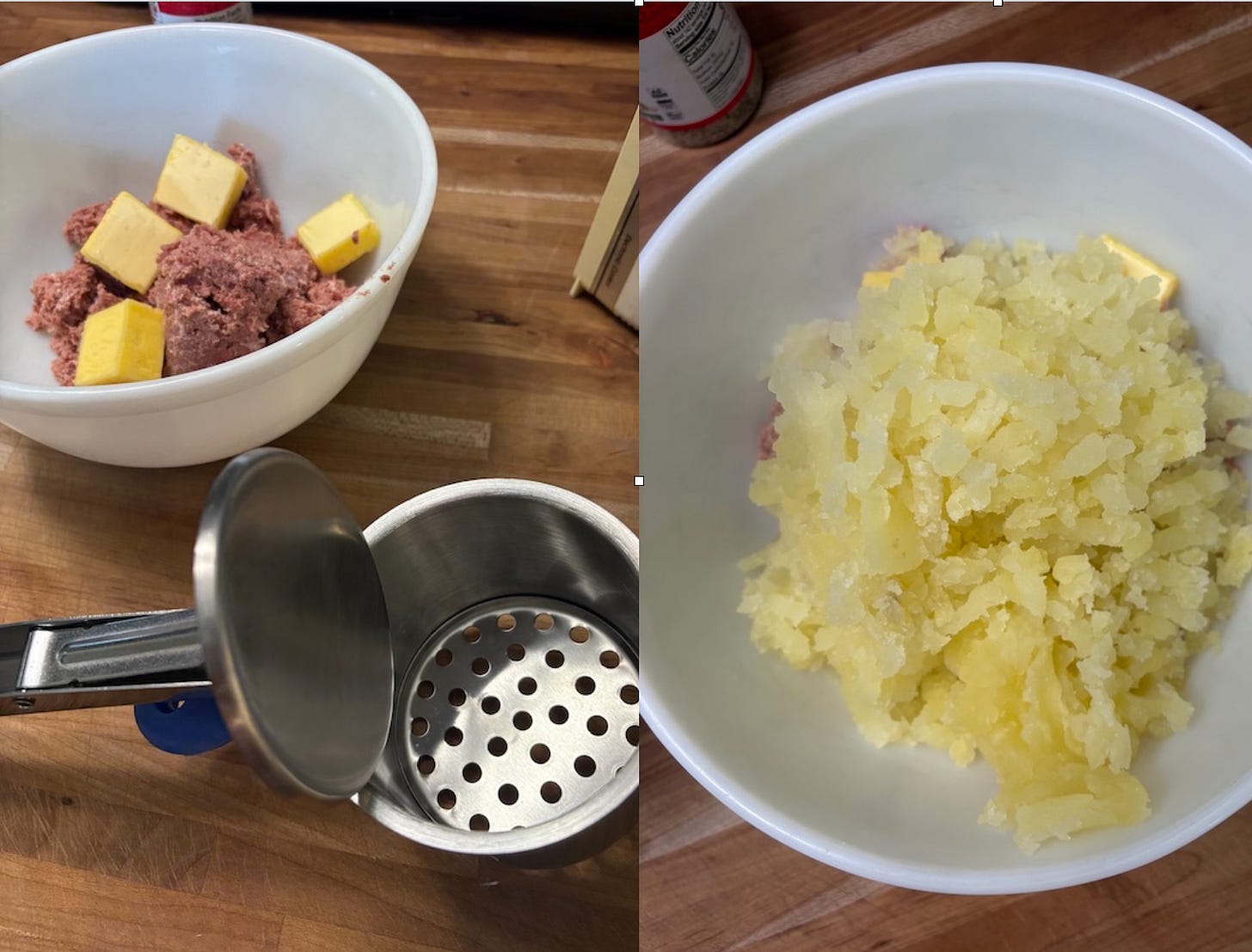 Corned beef and cubes of butter in a bowl next to a potato ricer, beside a bowl of freshly riced potatoes Corned beef and cubes of butter in a bowl next to a potato ricer, beside a bowl of freshly riced potatoes