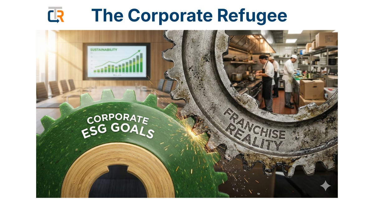 An editorial illustration showing two large gears grinding against each other. The left gear is sleek, green, and polished, labeled "CORPORATE ESG GOALS," set against a blurred background of a modern boardroom presentation. The right gear is gritty, worn industrial steel, labeled "FRANCHISE REALITY," set against a background of a busy commercial kitchen. Sparks fly where the two gears meet, symbolizing the operational friction between corporate strategy and store-level execution.