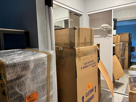 Images of a moving truck loaded with boxes, and all the boxes unloaded into various rooms of a house