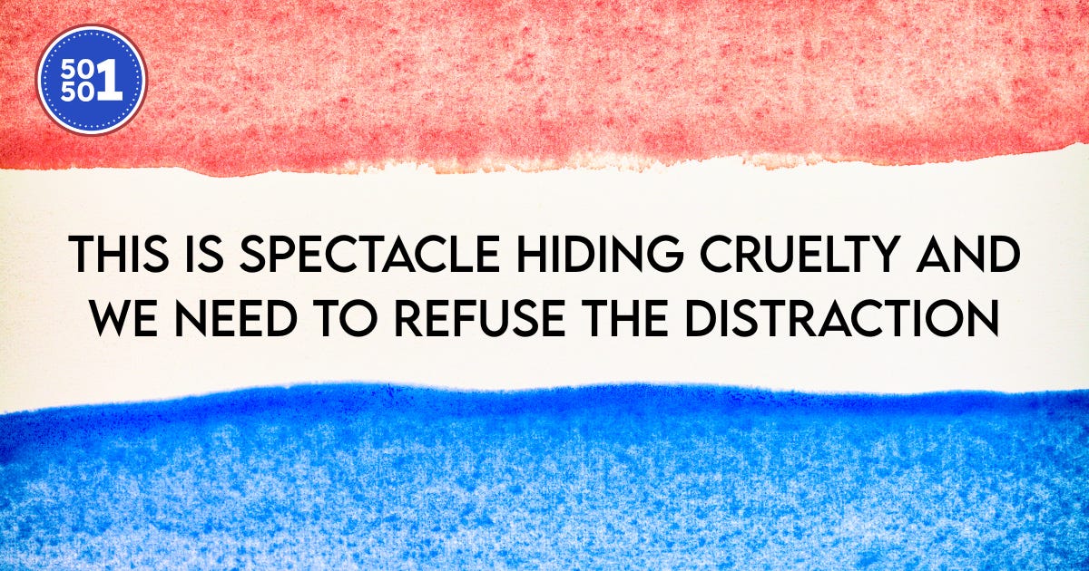 50501 Movement graphic with red-and-blue background reading, “This is spectacle hiding cruelty and we need to refuse the distraction,” summarizing the warrior dividend and TRICARE policy story.