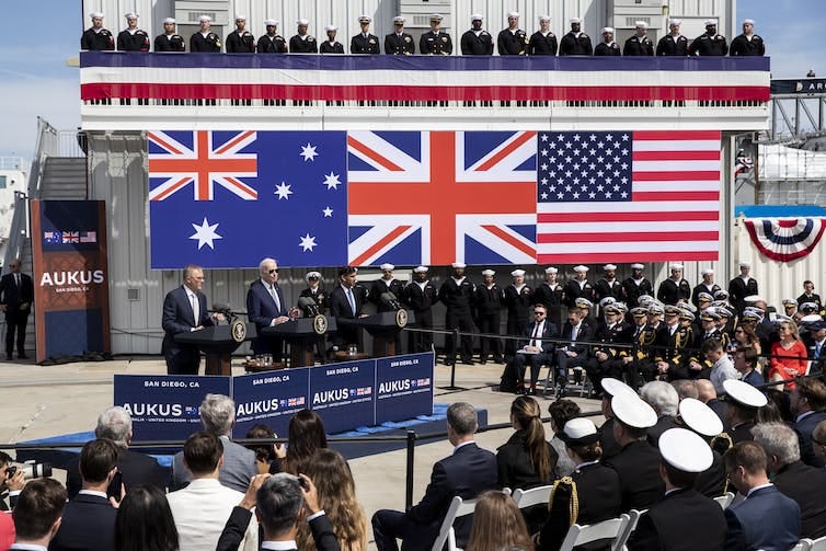 Australia's Prime Minister Anthony Albanese with US President Joe Biden and UK Prime Minister Rishi Sunak, announcing the subs deal at the US naval base in San Diego, California, March 13 2023. Australia's Prime Minister Anthony Albanese with US President Joe Biden and UK Prime Minister Rishi Sunak, announcing the subs deal at the US naval base in San Diego, California, March 13 2023.