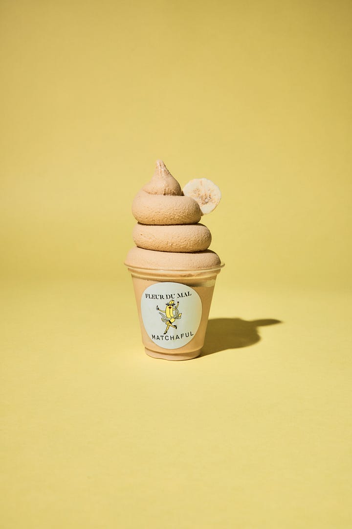 An image of a soft serve ice cream in a cup next to another image of a T-shirt with a walking banana.
