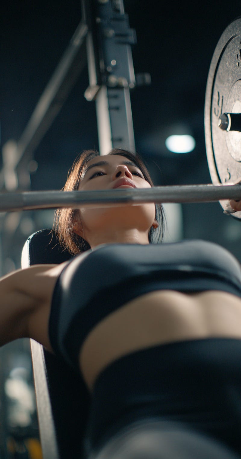 Fit woman performing barbell bench press in the gym.