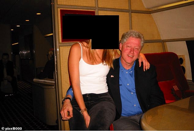 Bill Clinton sits with his arm around a young woman on a private jet. It is not clear when or where the image was taken but Clinton is known to have flown on Epstein's Lolita Express. The former president claims all travel with the pedophile was related to charitable work