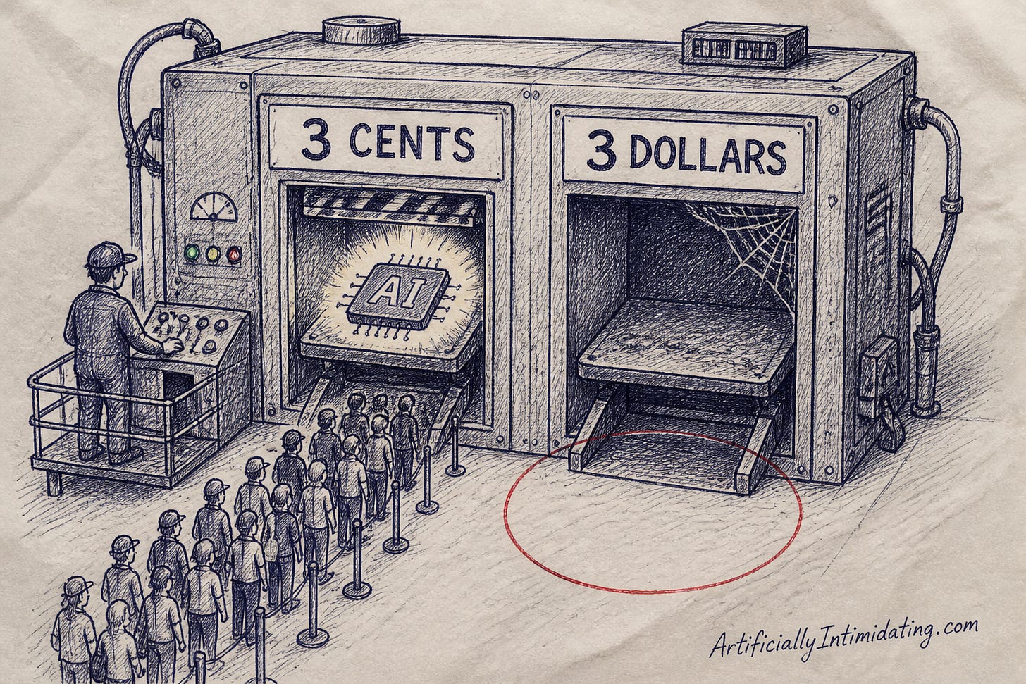Editorial cartoon: an industrial vending machine with a long queue at the slot marked 3 CENTS and cobwebs on the slot marked 3 DOLLARS
