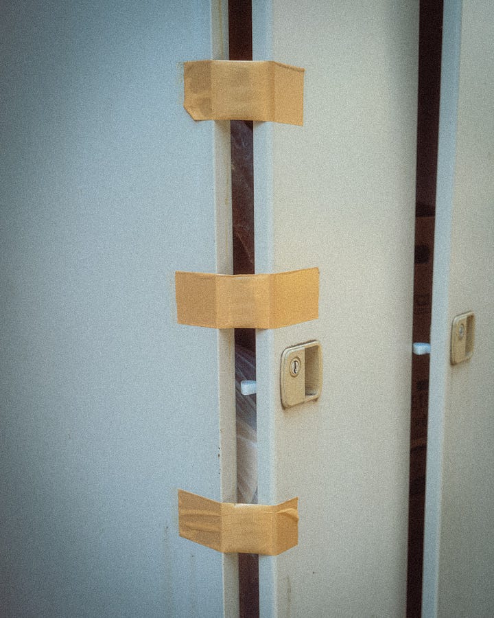 Doors and windows taped up in Tokyo