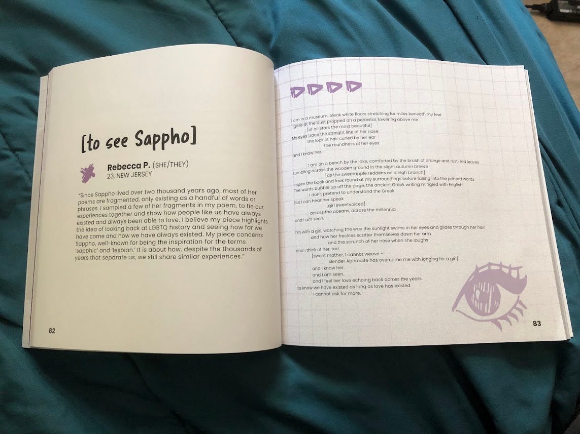an open book. on one side, in large font, the title of the poem, [to see sappho], followed by the author's name, pronouns, and location. Rebecca P., (she/they), 23, New Jersey. The second page contains the poem. There is a light purple grid design behind the entire page. Above the poem are some sketchy purple triangles, and below the poem is an eye, in a similar drawing style. 