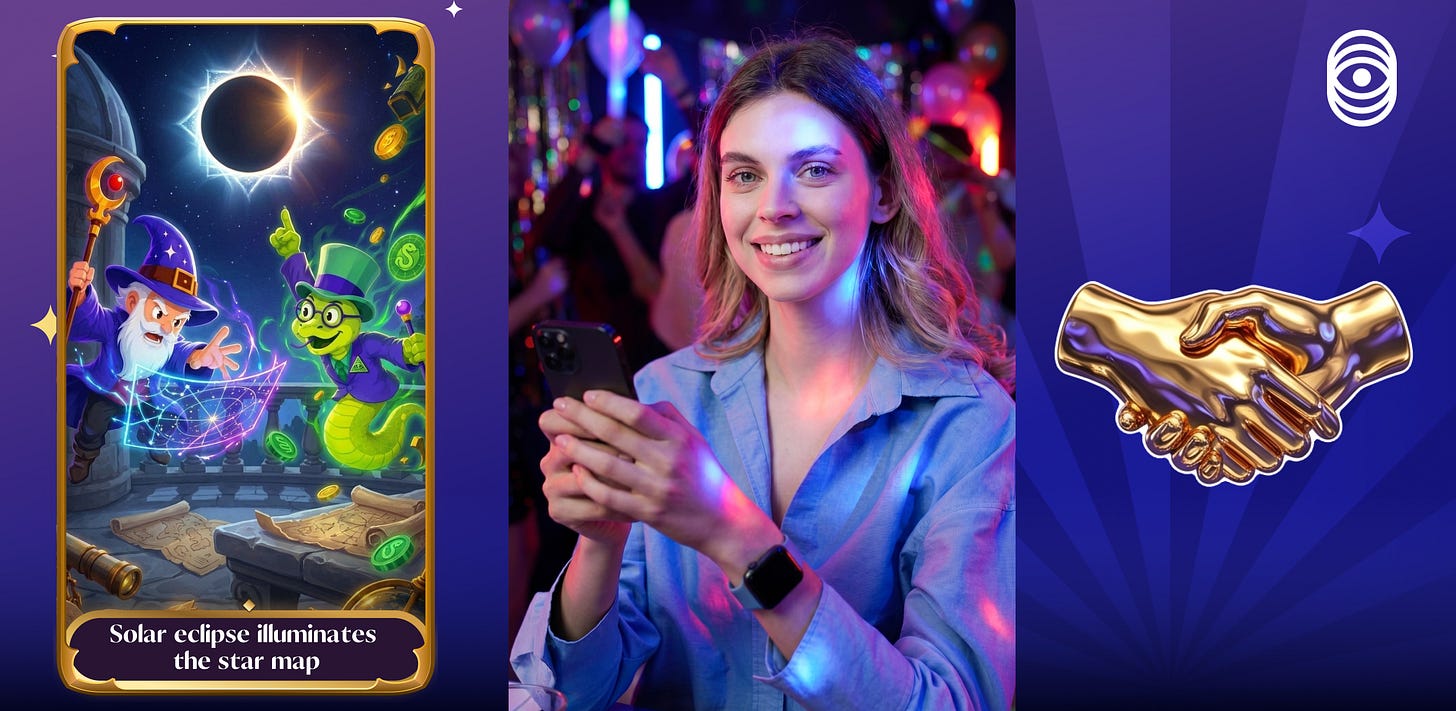 An eclipse collectible card, a woman smiling at a concert and a golden handshake on a purple background. An eclipse collectible card, a woman smiling at a concert and a golden handshake on a purple background.