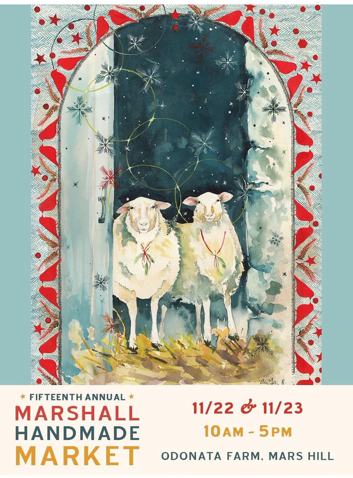 a painting of some sheep standing within a doorway, with the words below Marshall Handmade Market 11/22 & 11/23 10-5pm odonata farm, mars hill